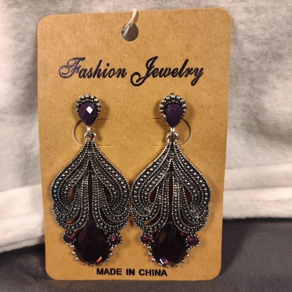 New Hana Purple Rhinestone Silver Tone Filigree Chandelier Earrings